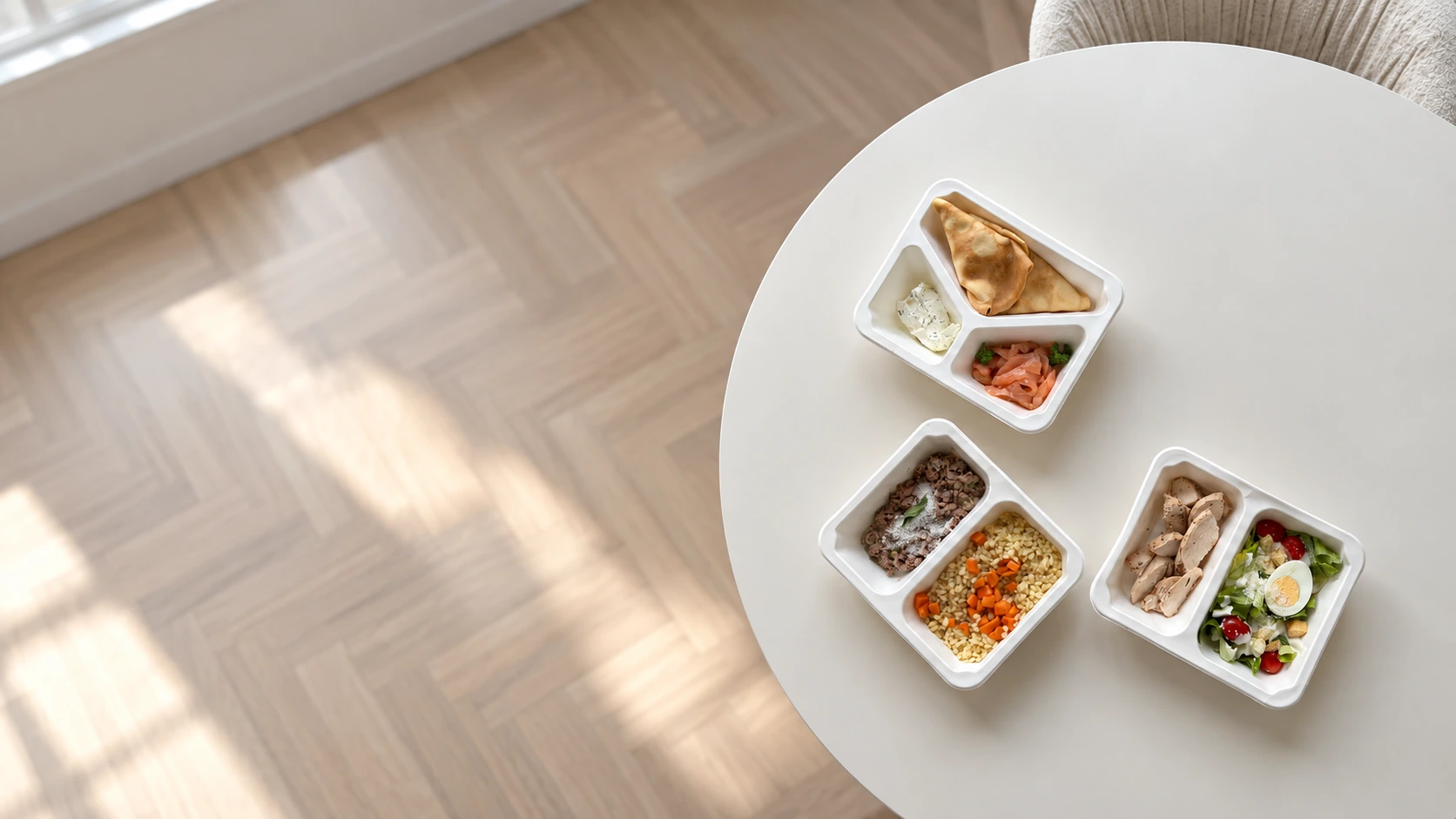 Three containers from a Nutreasy day set, seen from above